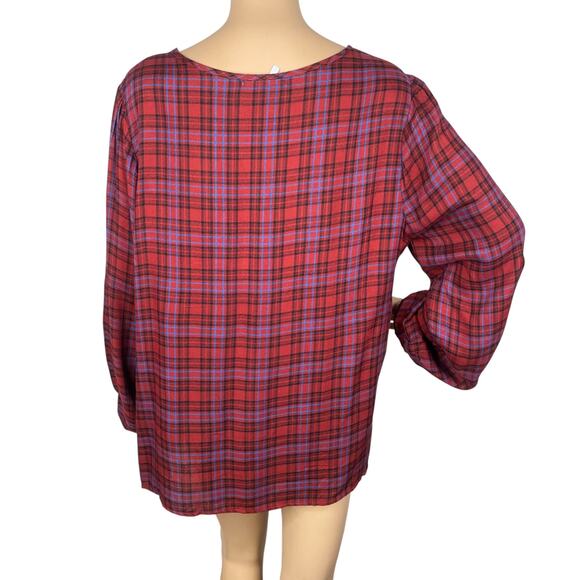 Three Dots NWT Mason Brick Red Black Plaid Babydoll Blouse Top SZ L - Picture 7 of 10